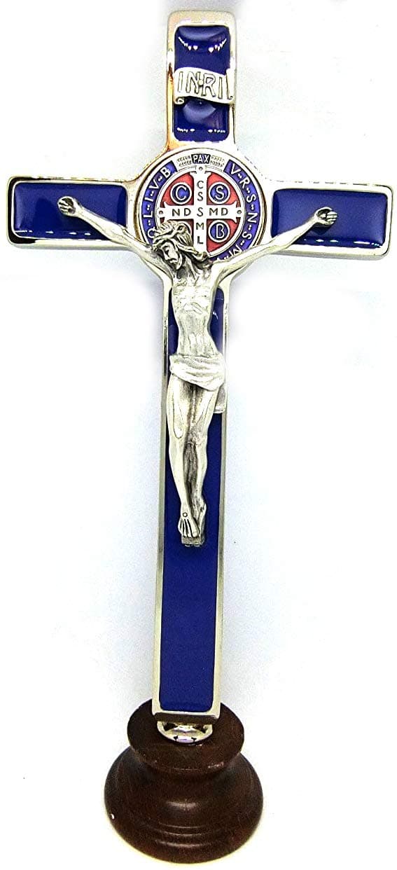 10.268.11 BL Blue Enamel Blue Cross of Saint Benedict Silver on Wooden Base 20 cm Handmade With Coin And Box and preghierea 3 Languages
