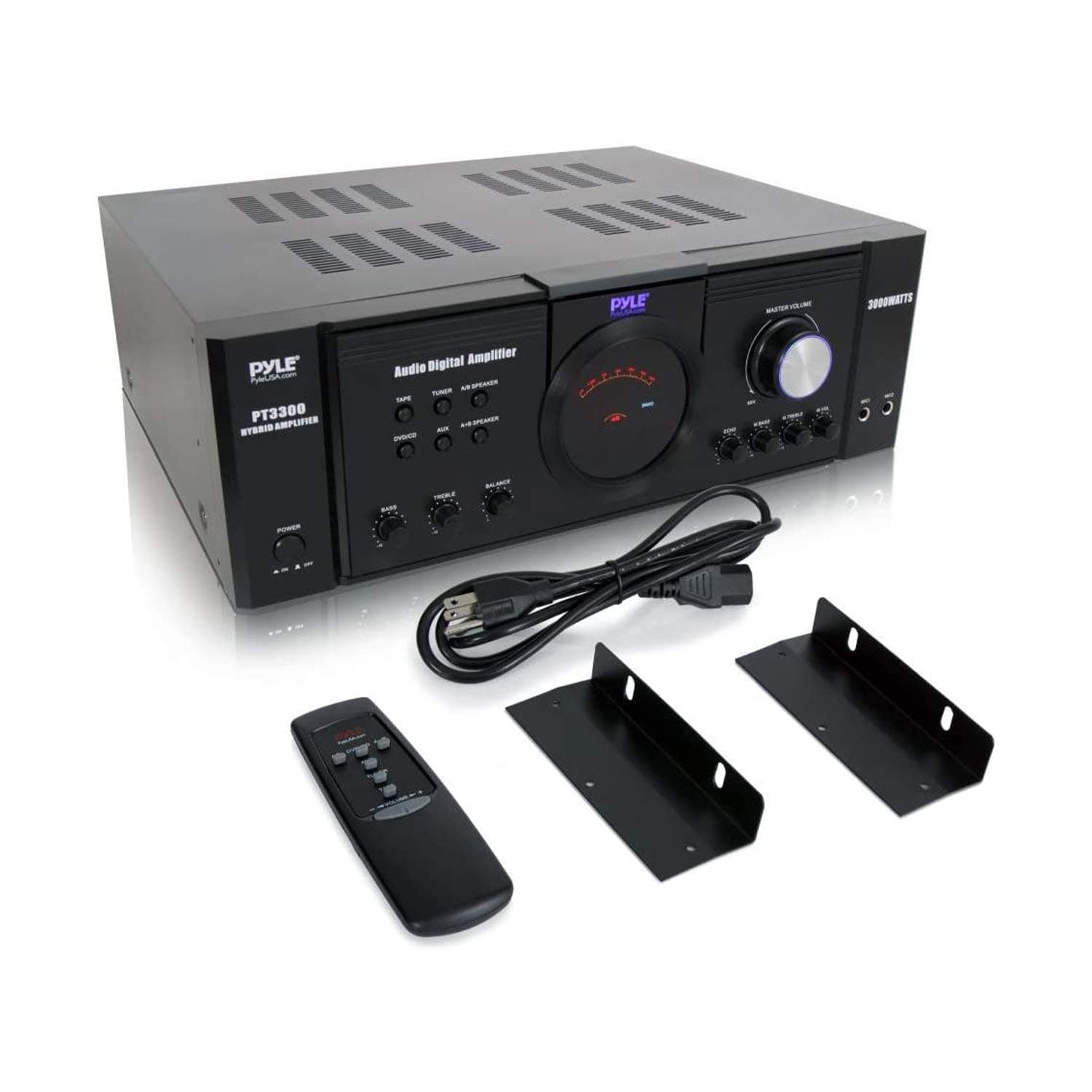 Pyle 3000 Watt Premium Home Audio Power Amplifier - Portable 4 Channel Surround Sound Stereo Receiver w/Speaker Selector & Remote-For AmplifiedTV,Subwoofer Speakers, Theater & PA System-PT3300 Black