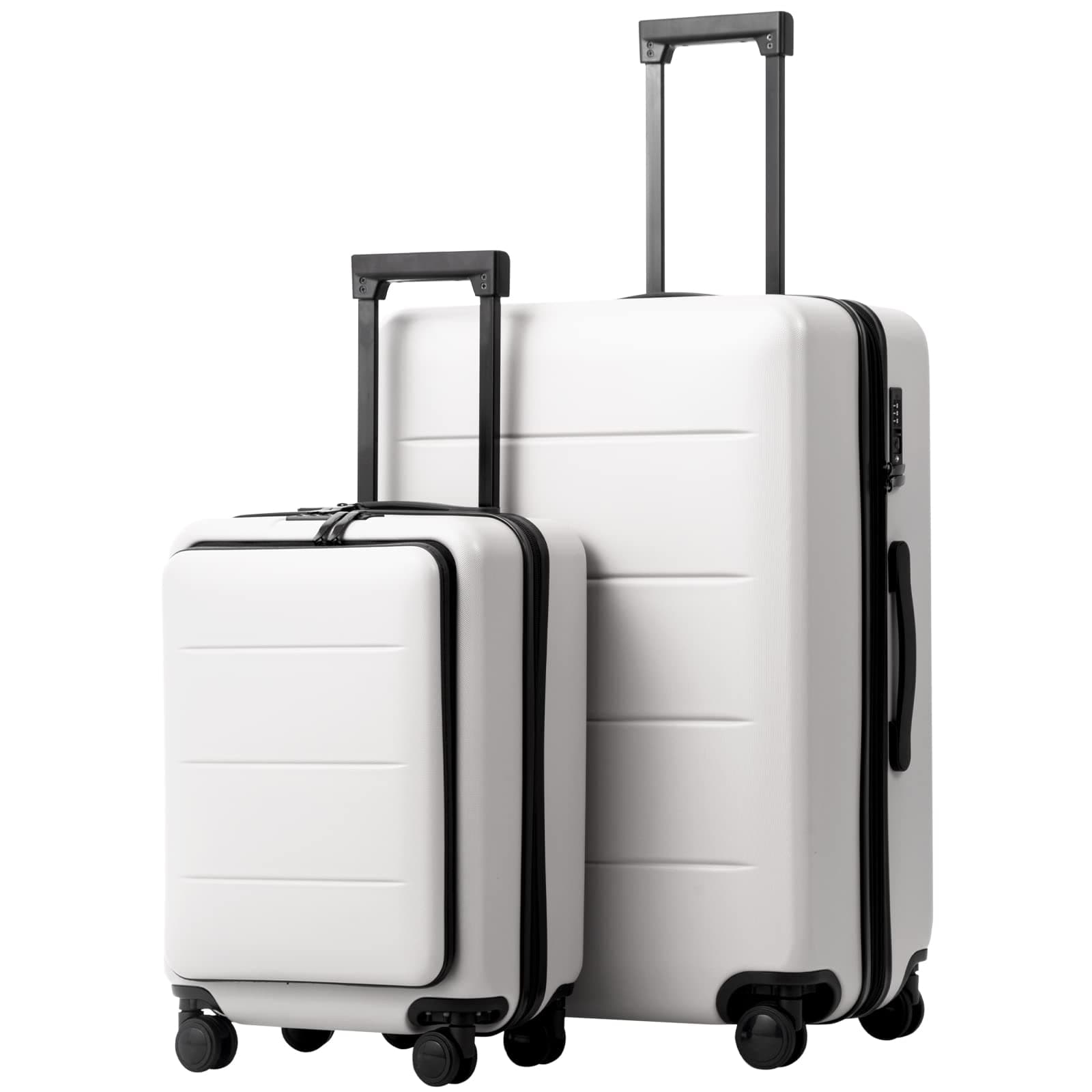 Coolife Luggage Suitcase Piece Set Carry On ABS+PC Spinner with pocket Compartment(White, 2-piece Set)
