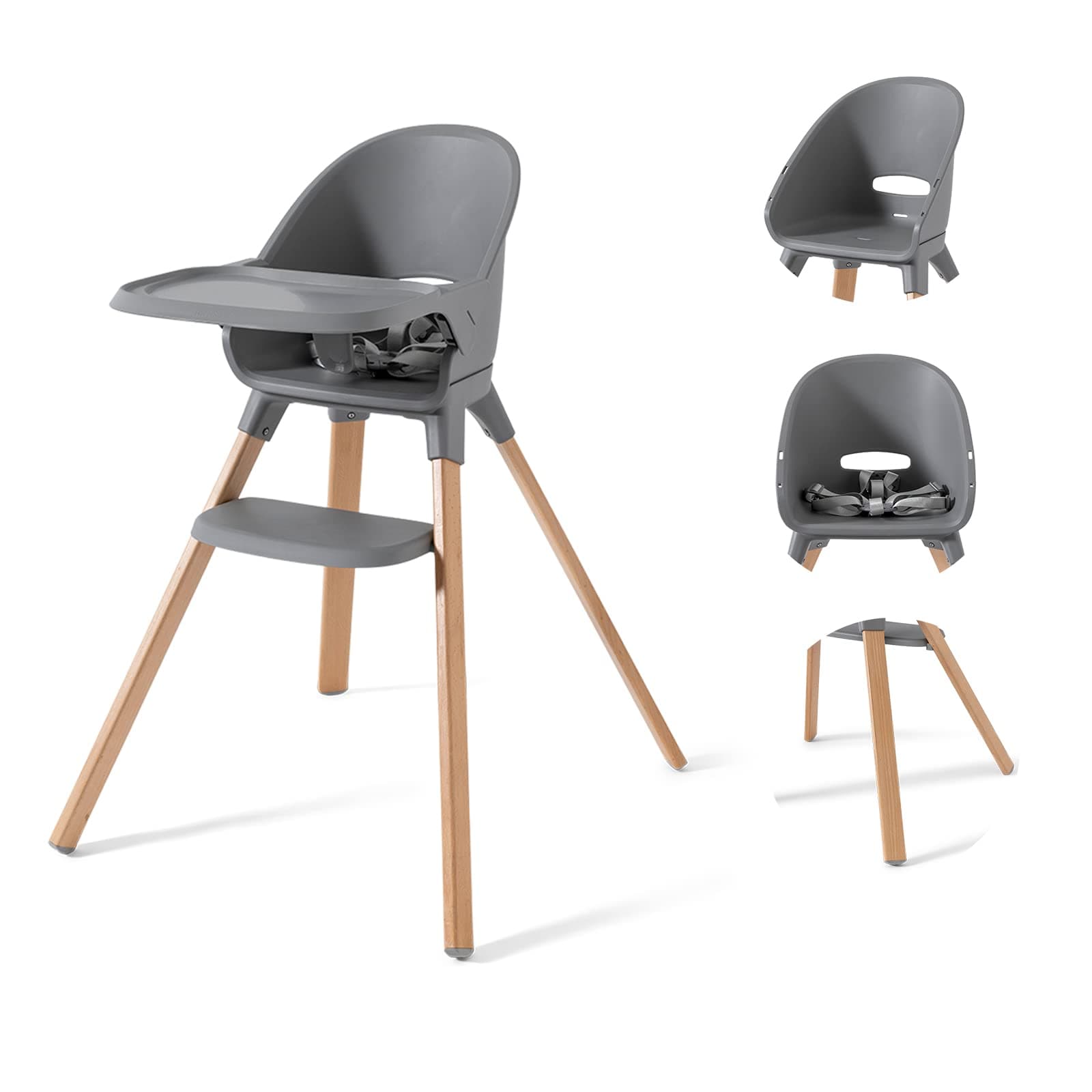 TwistshakeBaby High Chair - Grey | Made of Beech Wood | Removable Tray - 5-Point Harness - Lightweight | Children's Stool with Footrest | Ideal for 6-36 Months or up to 15 kg