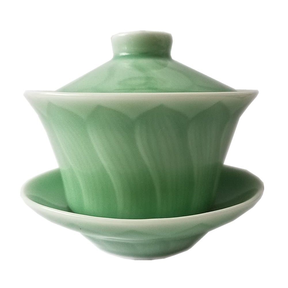 Gaiwan 6.7oz Teacups and Saucer Set Handmade Celadon Green Pottery Power Lotus Leaf(Light Green,1)