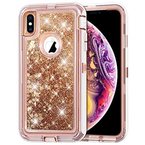 Anuck Case for iPhone Xs MAX Case (6.5 inch), 3 in 1 Hybrid Heavy Duty Defender Armor Case Sparkly Floating Liquid Glitter Protective Hard Shell Shockproof Anti-Slip TPU Bumper Cover - Rose Gold