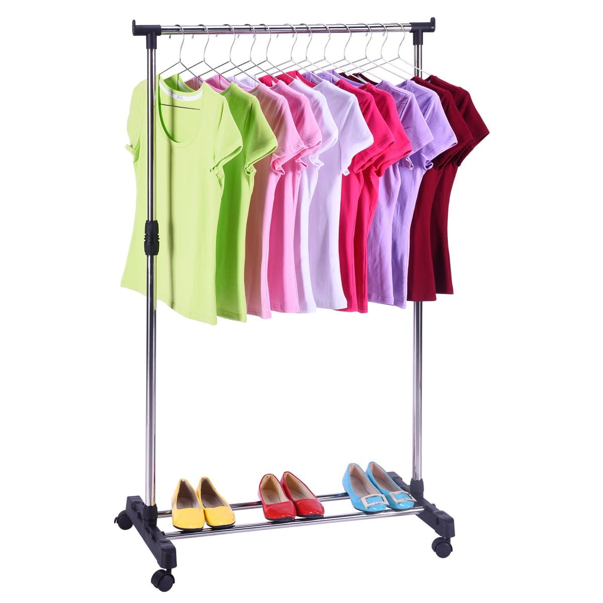 Single Rod Garment Rack with Adjustable Rails,Commercial Grade Clothes Drying Rack,Stainless Steel & Chrome with Wheels,with Gloves for