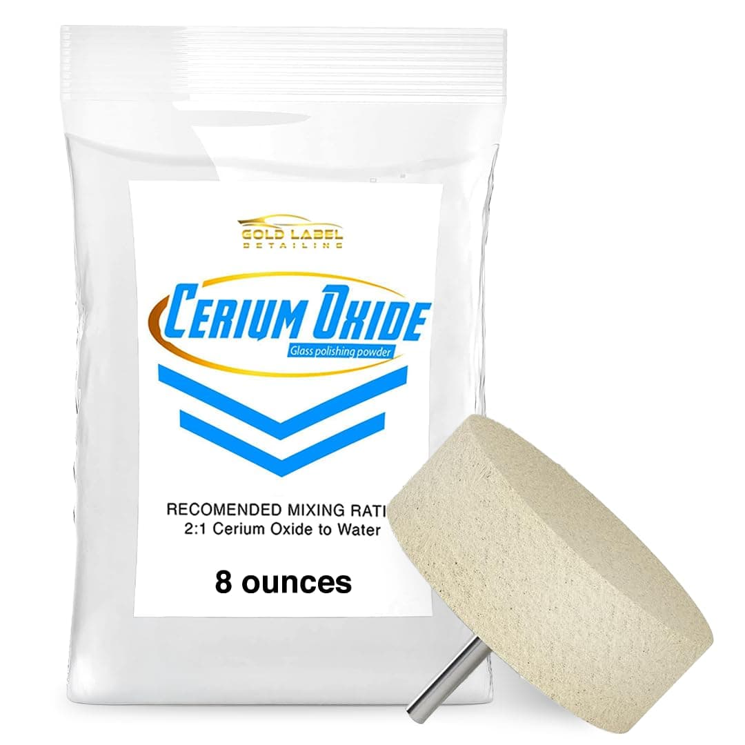 Optical Grade Cerium Oxide 8oz Glass Repair Powder | Glass Window and Windshield Repair | Optical Grade, for use with Camera, Scope, Binocular Lens (8oz with 3" Felt Bob Wheel)