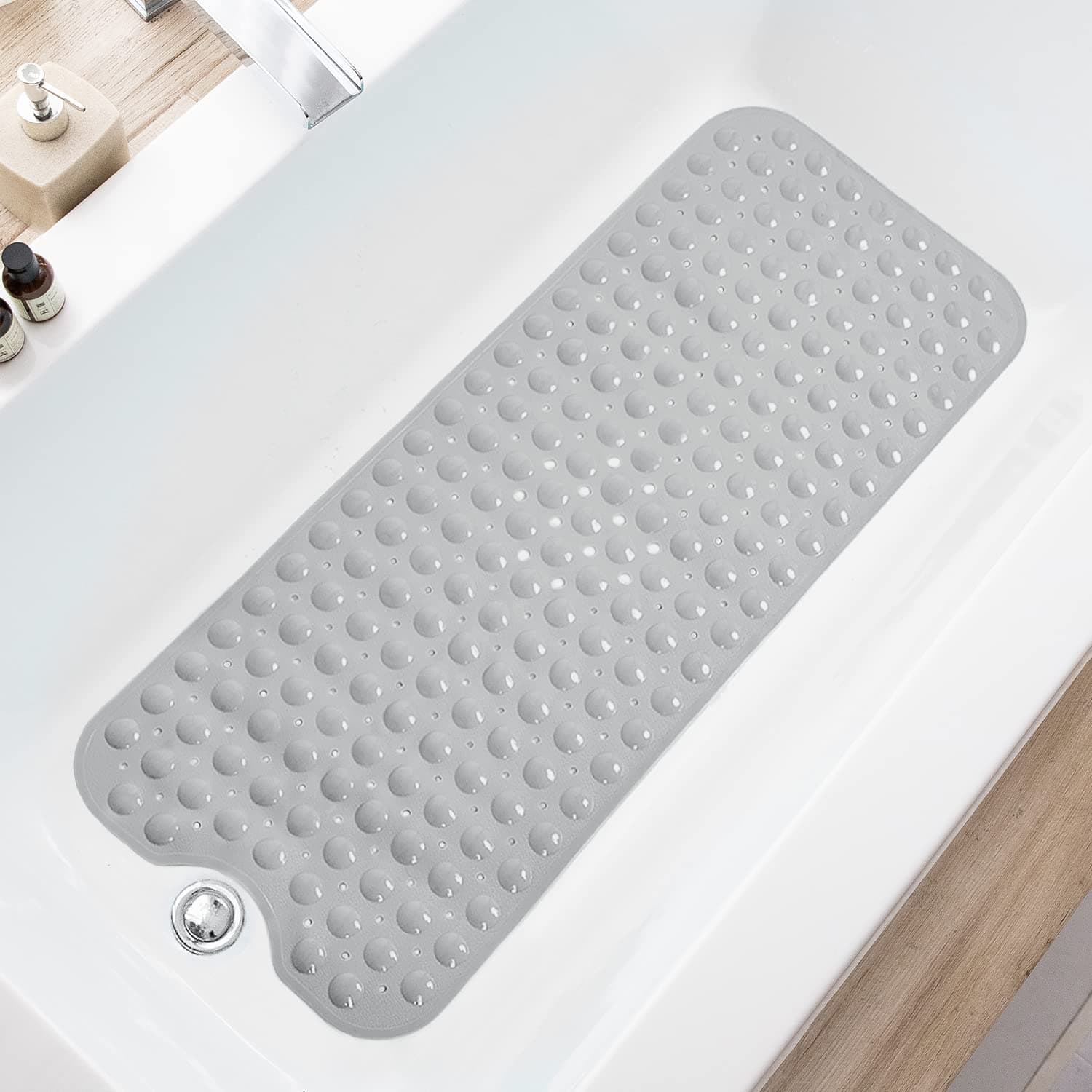 Bathtub Mats for Shower Tub, Extra Long Non-Slip 39 x 16 Inch Bath Mat with Drain Holes and Suction Cups, BathMat for Bathroom with Machine Washable (Opaque Gray)