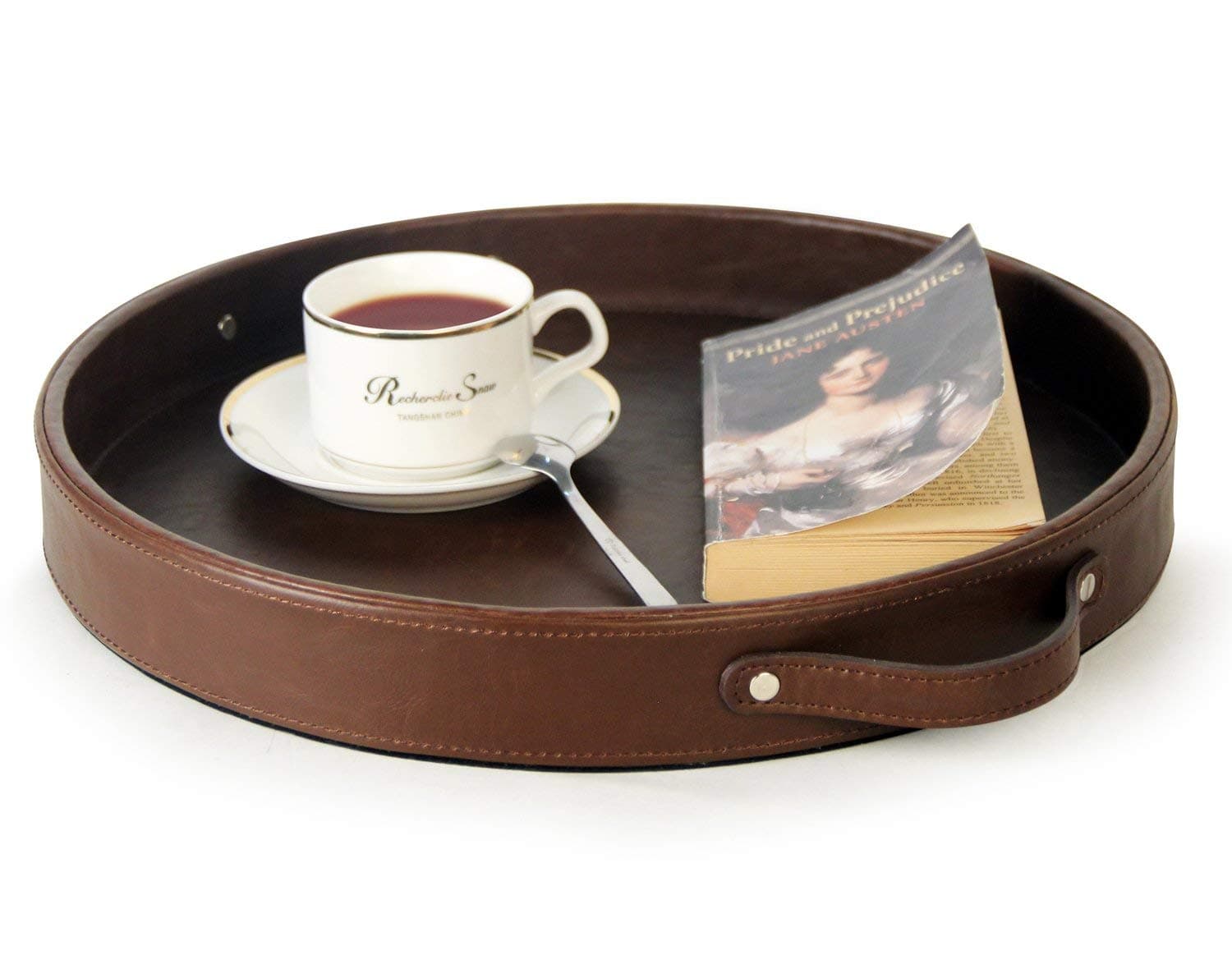 HofferRuffer Ms.Box PU Leather Round Serving Tray with Handles, Brown