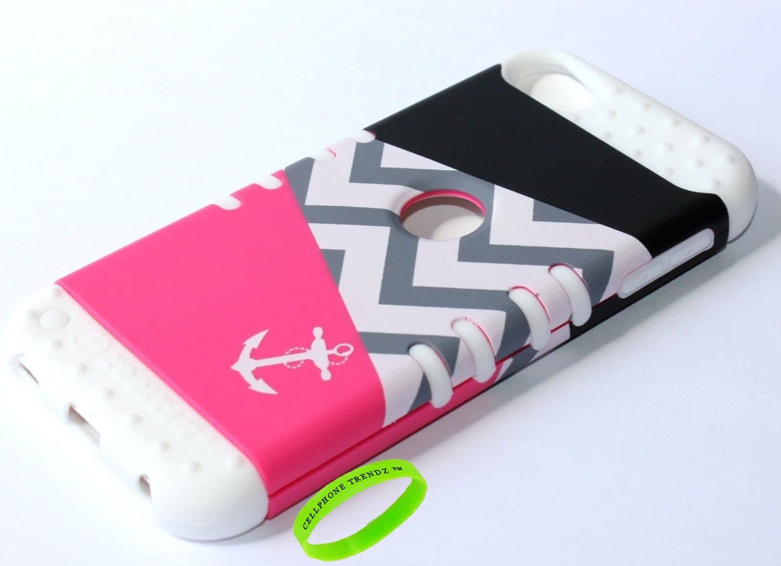 3-piece Impact Hybrid Combo Hard Case Cover For iPod Touch 5th Generation - Chevron Anchor Design Hard Case (Pink Triangle Anchor on White Silicone)