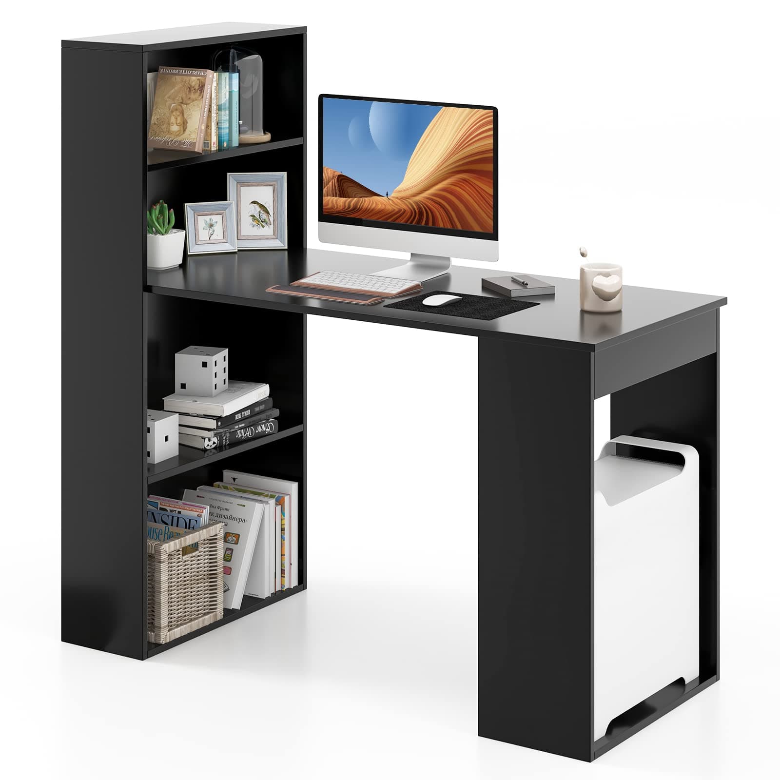 48 Inch Computer Desk with Bookshelf, Reversible Study Writing Desk with Storage Shelves & CPU Stand, Compact Office Desks & Workstations, Black Desk for Bedroom, Kids Room, Study (Black)