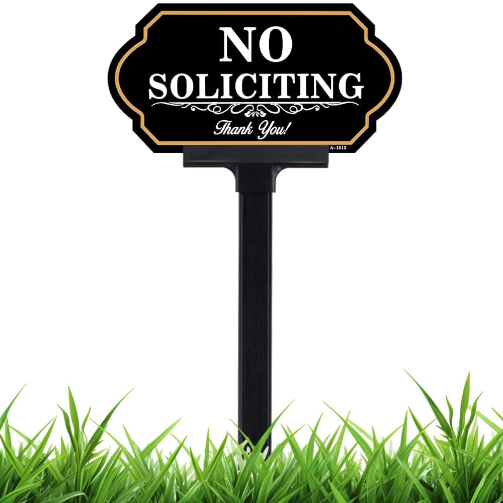 No Soliciting Sign for House with Stake - 50-mil Thick Aluminum - 5x10 Inch/37 Inch High - Adjustable Height - Outdoor Yard Sign for Home and Front Door (A1513)