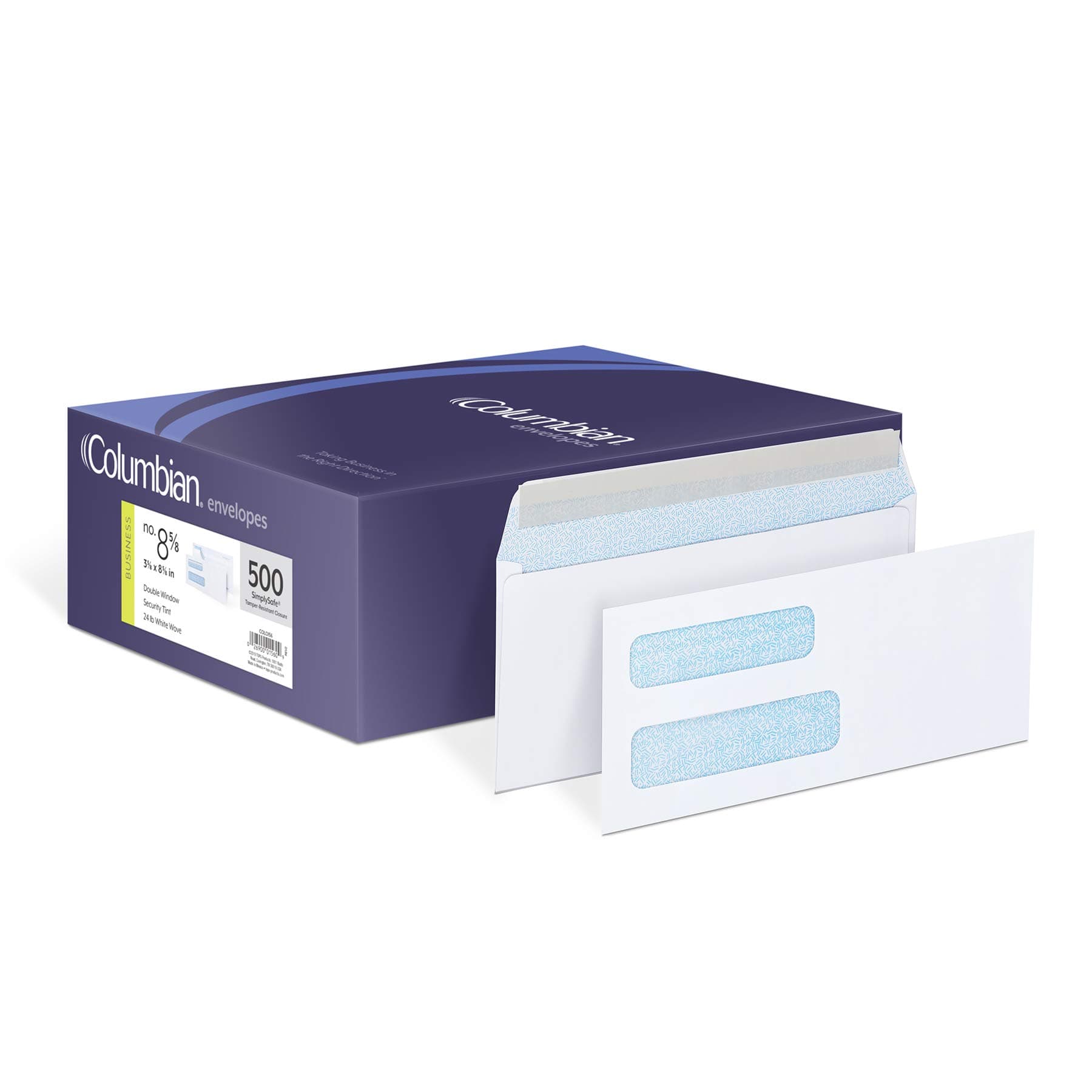 Columbian Envelopes #8 5/8 Double Window SimplySafe Tamper Evident, Security Tint, Pull Strip, Peel and Seal, White, 3-5/8 x 8-5/8, 500/Box (COLO156)