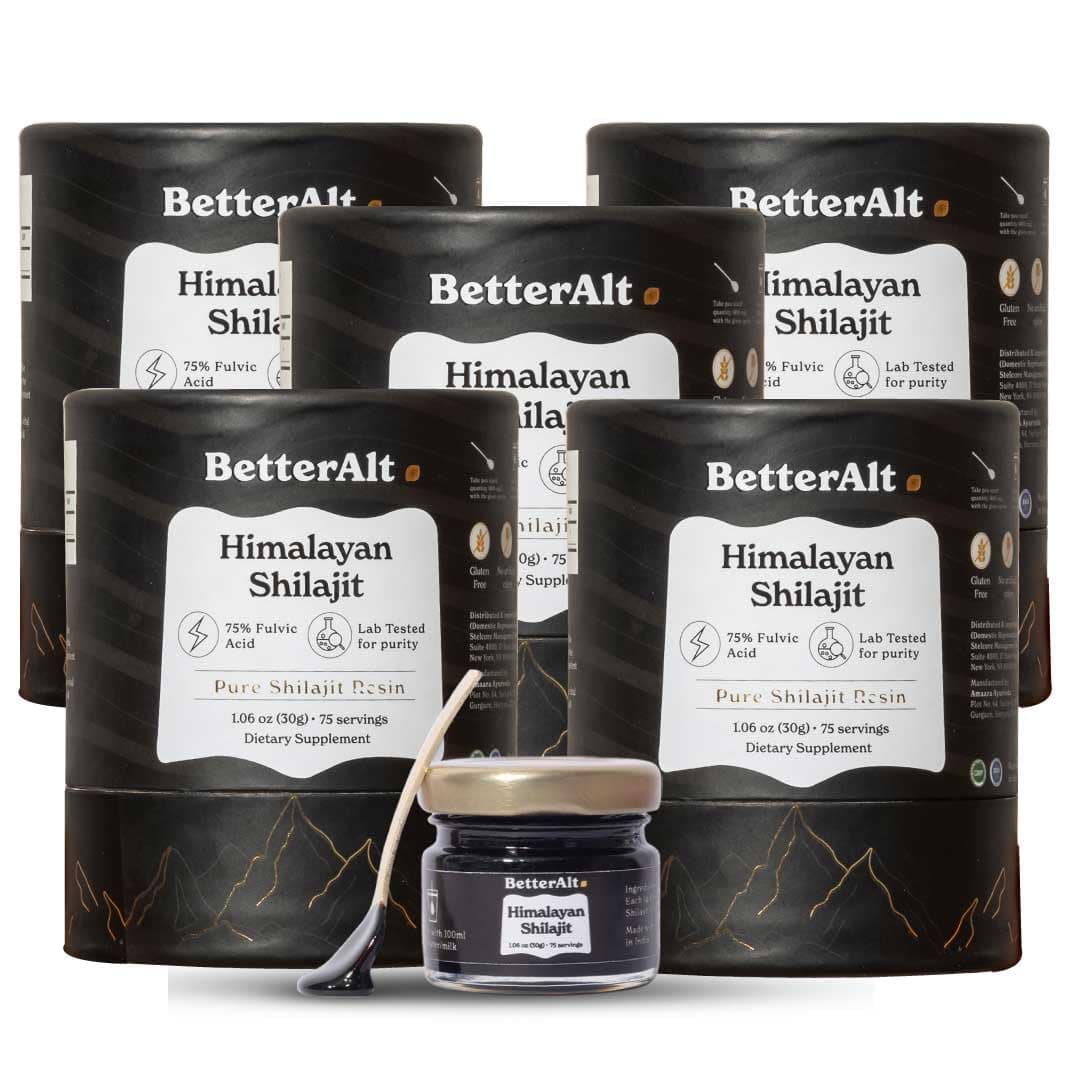 Pure Himalayan Shilajit Resin Pack of 5 High Potency Gold Grade 375 Servings for Energy Boost & Immune Support, 85+ Trace Minerals, 75%+ Fulvic Acid, with Lab Test Report,400 mg