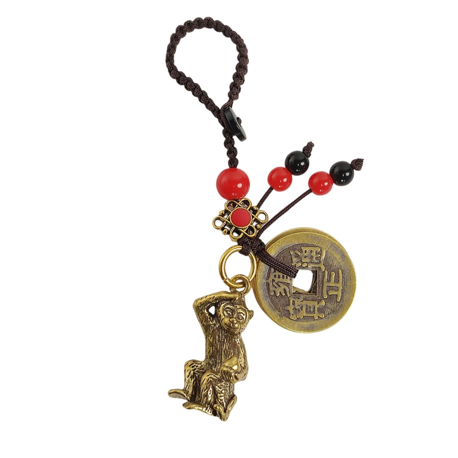 Brass 12 Chinese Zodiac Statue Keychain with 5 Feng Shui Coins, Zodiac Animals Charm Key Ring