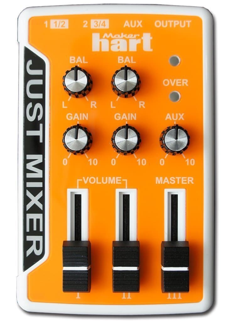 JUST MIXER Audio/DJ Mixer - Battery/USB Powered Portable Pocket Audio Mixer w/ 3 Stereo Channels (3.5mm) Plus On/Off Switch (Orange)