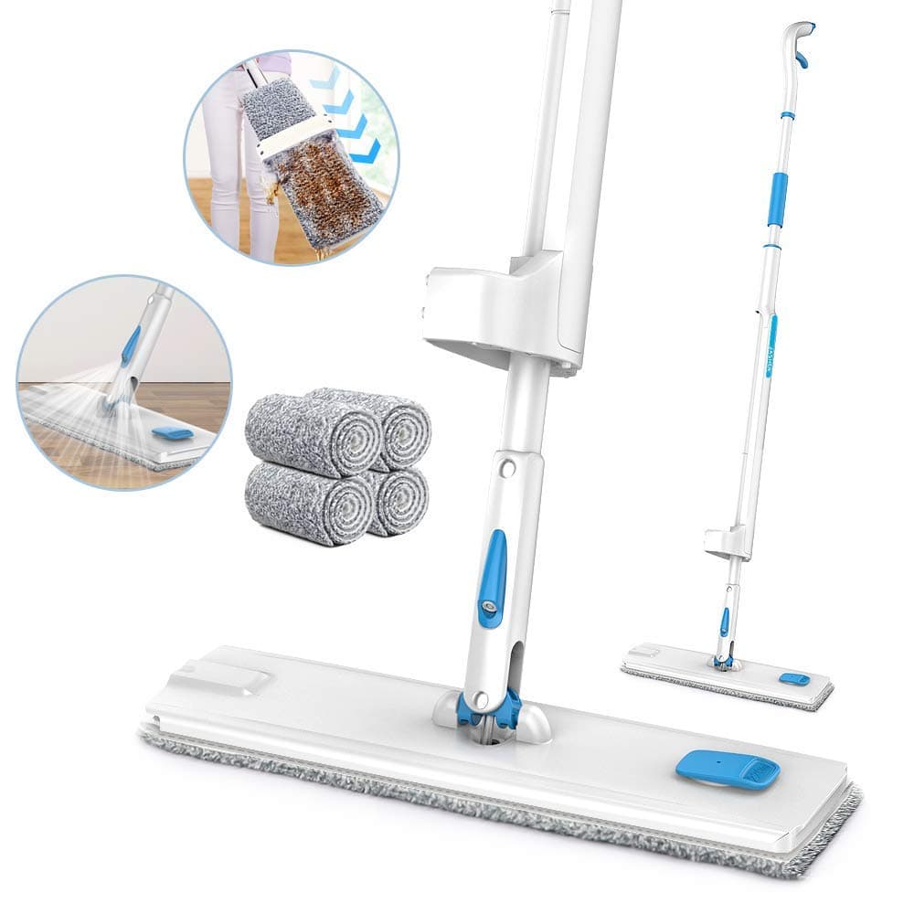 MIQU Spray Mop Microfiber Mop Flat Floor Mop Kit with 4 Reusable Pads Wet Cleaning Mop for Hardwood Floor, Laminate, Wood, Tile, 360 Degree Spin Dry Self Wringing