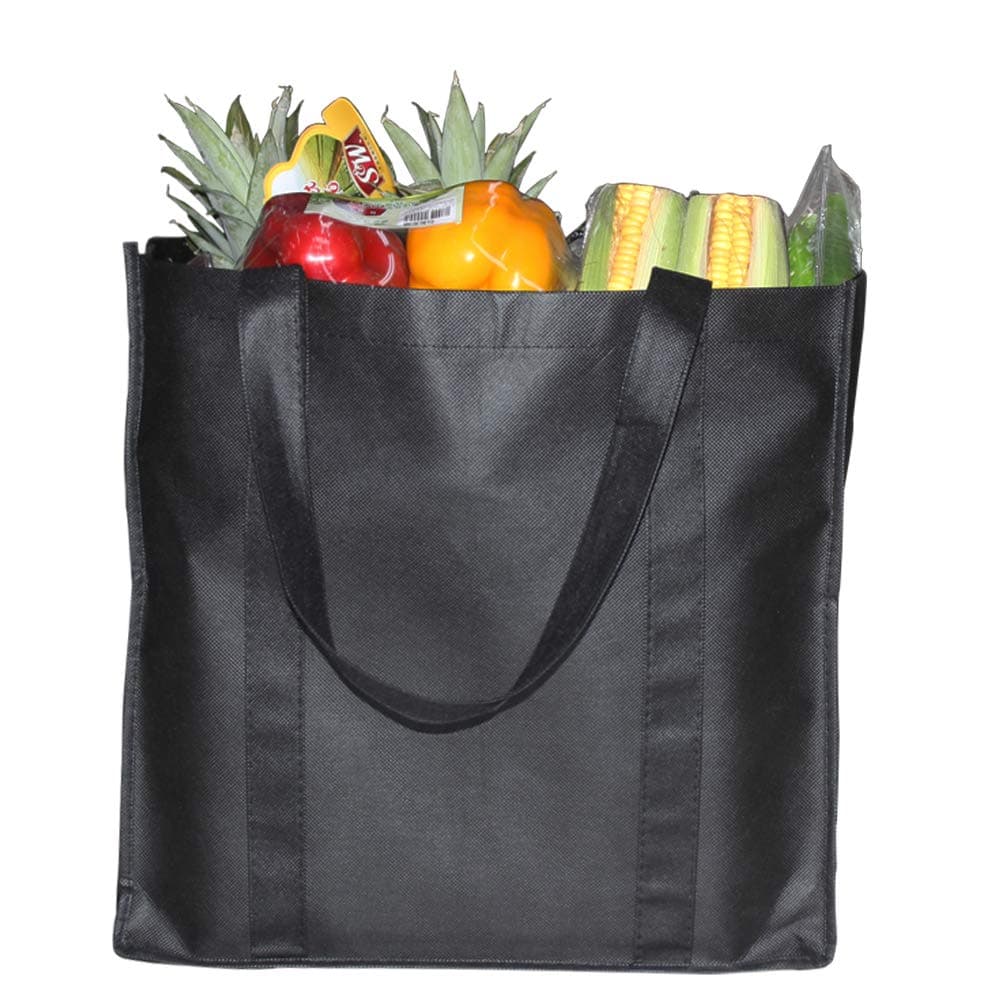 6 Pack Reusable Grocery Tote Bags With Handles, Non-woven Shopper Bags- Hold 44+ lbs (20 KG) - Extra Large & Durable Foldable Shopping Bags (Black, 15” x 10”x 14”)