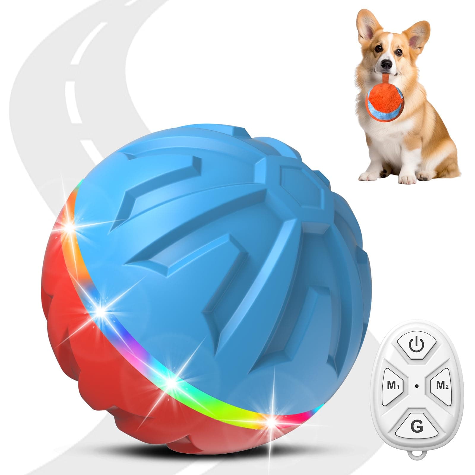 Dog Toys Dog Ball, Durable Motion Active Rolling Balls with Remote Control LED Light, Rubber Peppy Pet Balls for Medium Large Dogs, USB Rechargeable, 3.2-in Diameter (RedBlue)