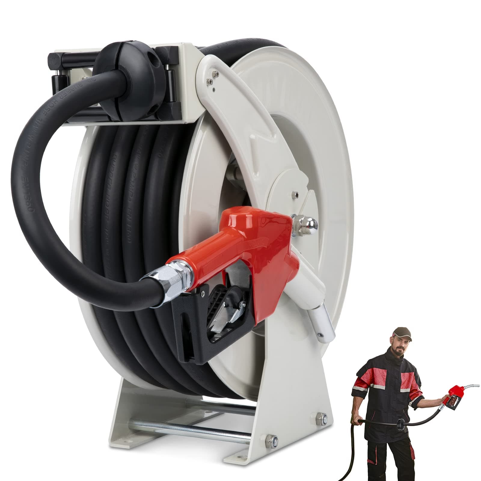 Fuel Hose Reel Retractable 3/4'' 50ft with Fueling Nozzle, Diesel Fuel Hose Reel Auto Spring Driven 300 PSI Industrial, Swivel Steel Construction Reel For Plane Ship Vehicle
