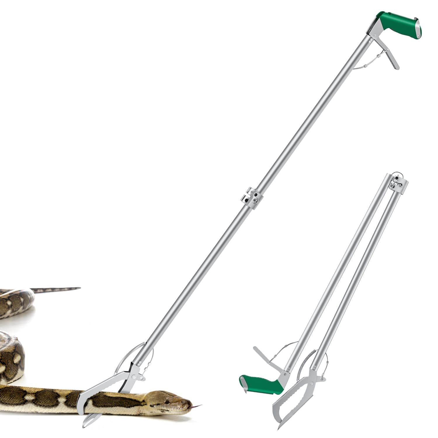 60“ Snake Tongs Collapsible Grabber, Professional Reptile Snake Catcher Wide Jaw Handling Tool, Stainless Steel Snake Hook