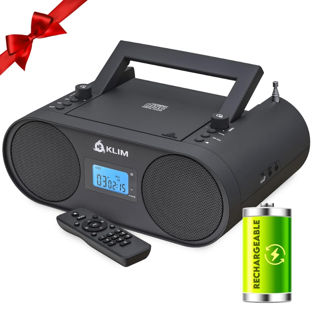 KLIM Boombox B4 CD Player Portable Audio System - NEW - AM/FM Radio with CD Player MP3 Bluetooth AUX USB - Wired & Wireless Mode Rechargeable Battery - Remote Control Autosleep Digital EQ
