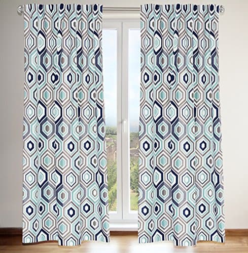 LJ Home Fashions 433 Tilly Geometric Tab Top Curtain Panel Pair, 54" W x 88" L, White/Grey/Blue