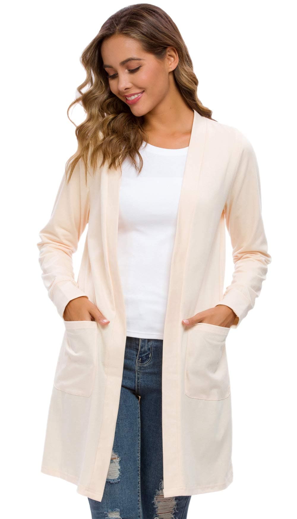 Tribear Women's Long Sleeve Open Front Loose Causal Lightweight Kimono Cardigan(Beige,Large)