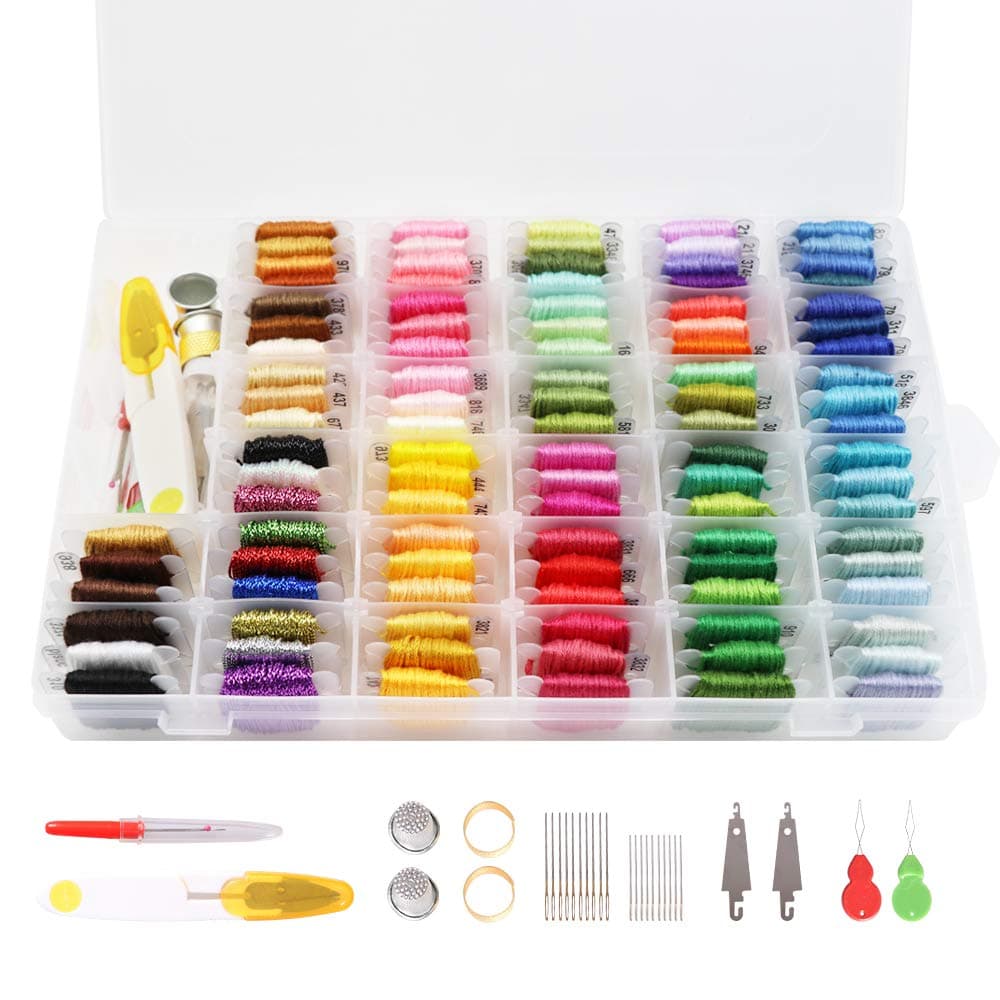 Embroidery Floss 100 Colors Friendship Bracelet String Embroidery Thread with 40 Pcs Cross Stitch Tools Similane Embroidery Kit 215 Pcs,100 Colors Threads,5 Pcs Embroidery Hoops,3 Pcs Aida Cloth,40 Sewing Pins,Cross Stitch Tools and Embroidery Starter Kit for Adults and Kids Beginners LOVIMAG Premium Rainbow Color Embroidery Floss with Cotton for Cross Stitch Threads, Bracelet Yarn, Craft Floss, Aroic Embroidery Floss Set