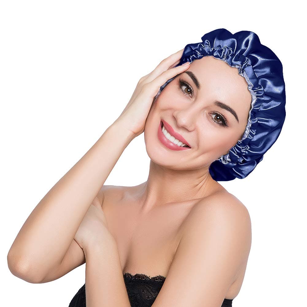 Stain Bonnet Silky Sleep Cap Adjustable Satin Cap for Night Sleeping Hair Bonnet Reversible Double Layer Navy Blue/Light Purple