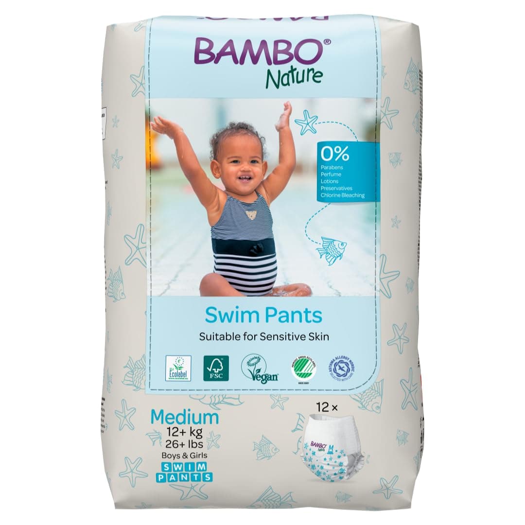 Bambo Nature Disposable Swim Diaper Pants | Double Leak Barriers | Soft 360° Elastic Fit, Chemical Free & Leakproof Pool Diapers For Baby Waterproof Toddler Swimming Swimsuit | Kids 12+ kg, 12 Count