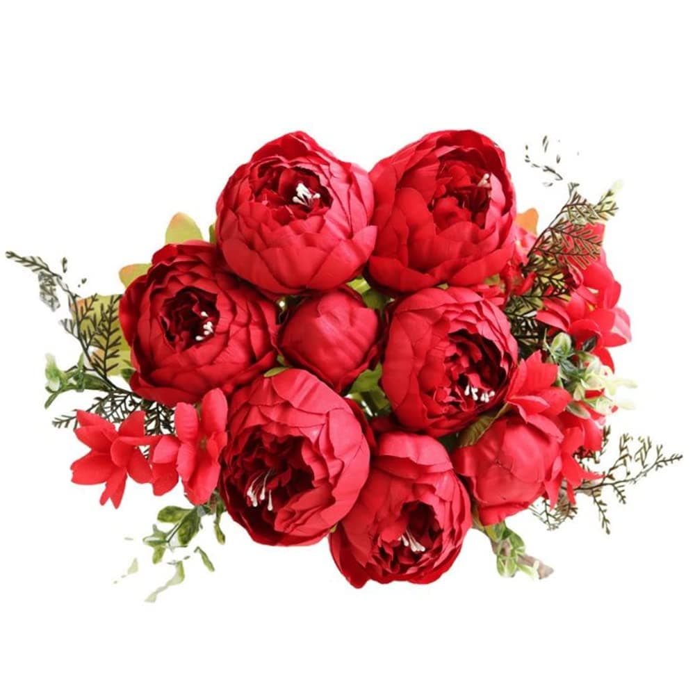 10 Heads Peonies Artificial Flowers, 17-1/2" Long Vintage Silk Fake Peony Bouquet for Home Garden Decoration Office Verandah Wedding Decorations (red)