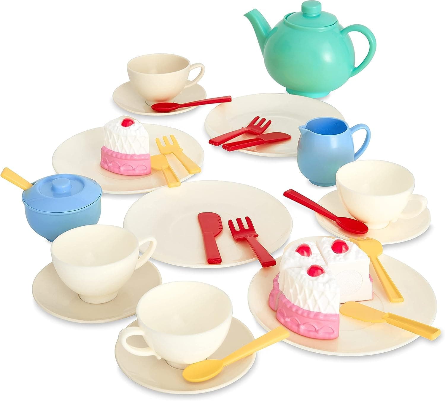 36-Piece Tea Set - Colorful Toy Playset with Teapot, Milk Jug, Cups & Saucers, Cake, & More - Suitable for Preschool Toys - Playset for Children Aged 3+
