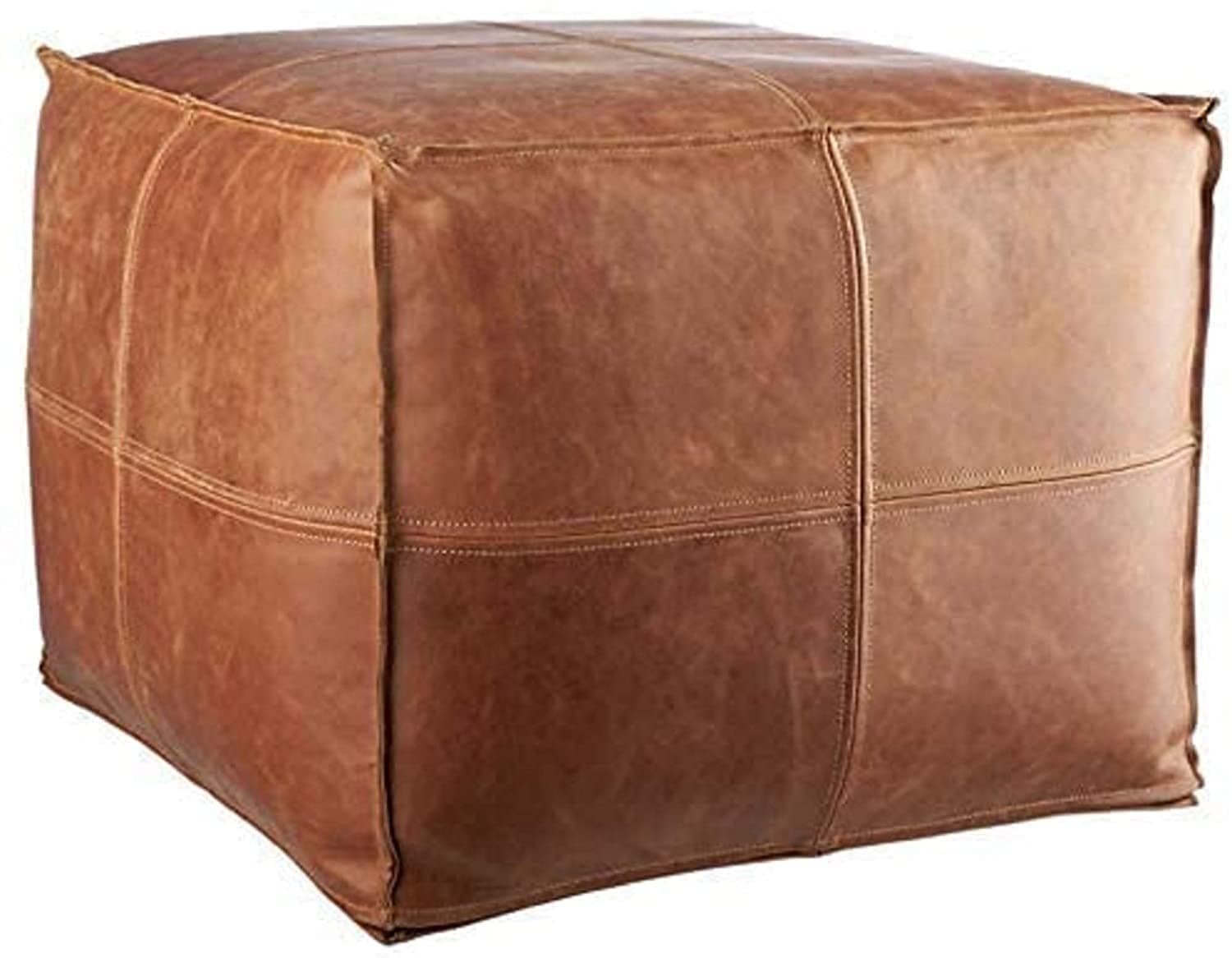 leatherooze Unstuffed Square Leather Pouf, Handmade Ottoman Moroccan Decor, Storage Solution, Foot Rest, Footstool, Pouffe Seat for Balcony Office Indoor brown color 14x18x18 inch