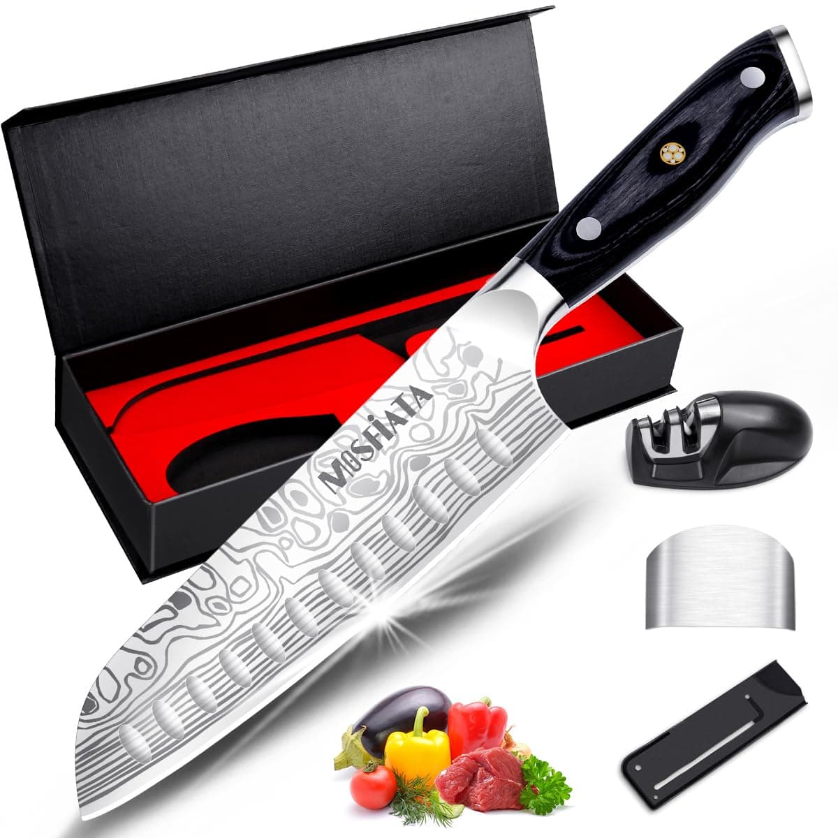 7" Super Sharp Chef Knife, Professional Cook Kitchen Knife Japanese Santoku Knives German High Carbon Stainless Steel EN1. 4116 with Finger Guard, Knife Sharpener, Micarta Handle and Gift Box