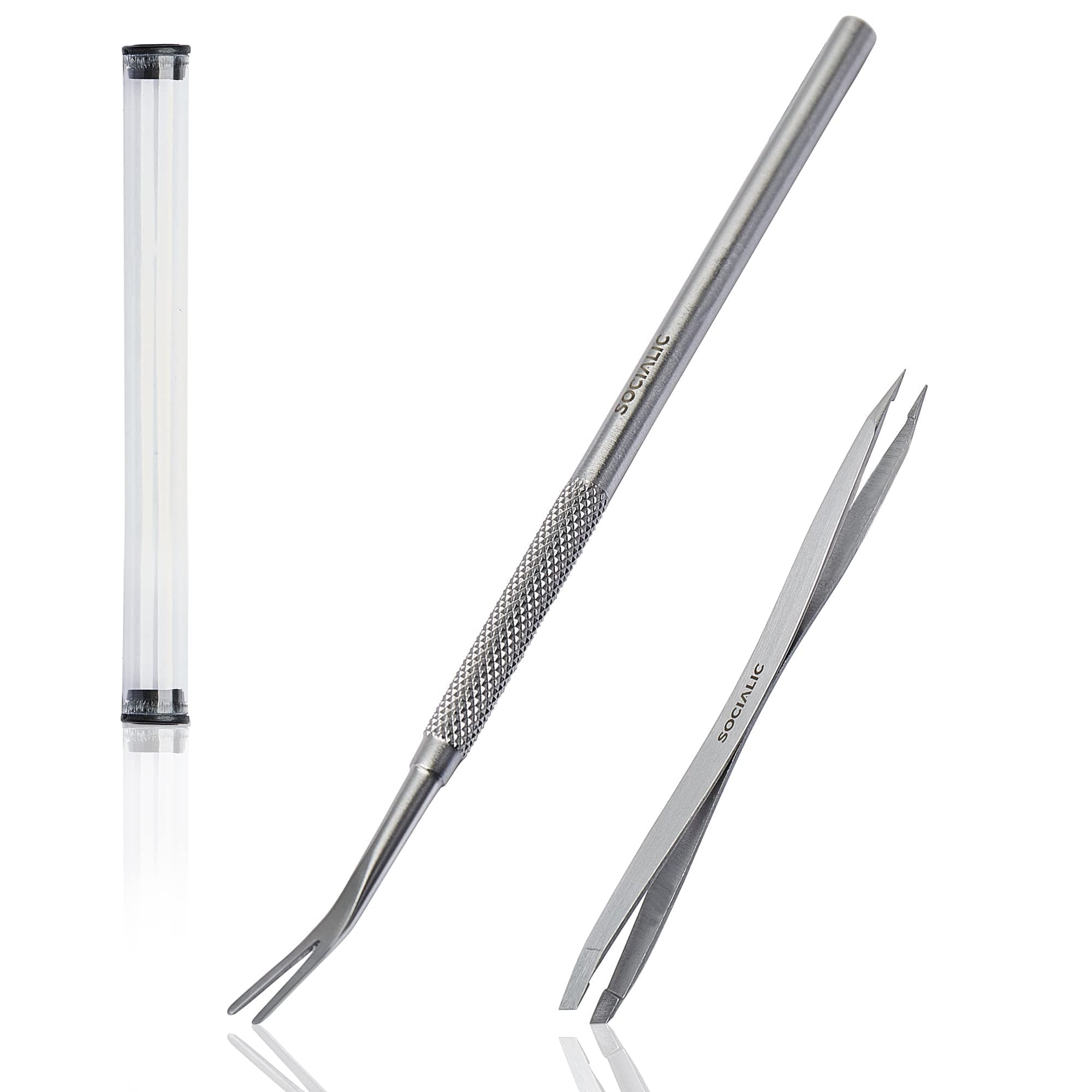 Original Socialic Dual-Tipped Tick Removal Tweezers and Tick Hook with Extra-Long Handle, Stainless Steel Premium Set - Tick Protection for Humans & Animals