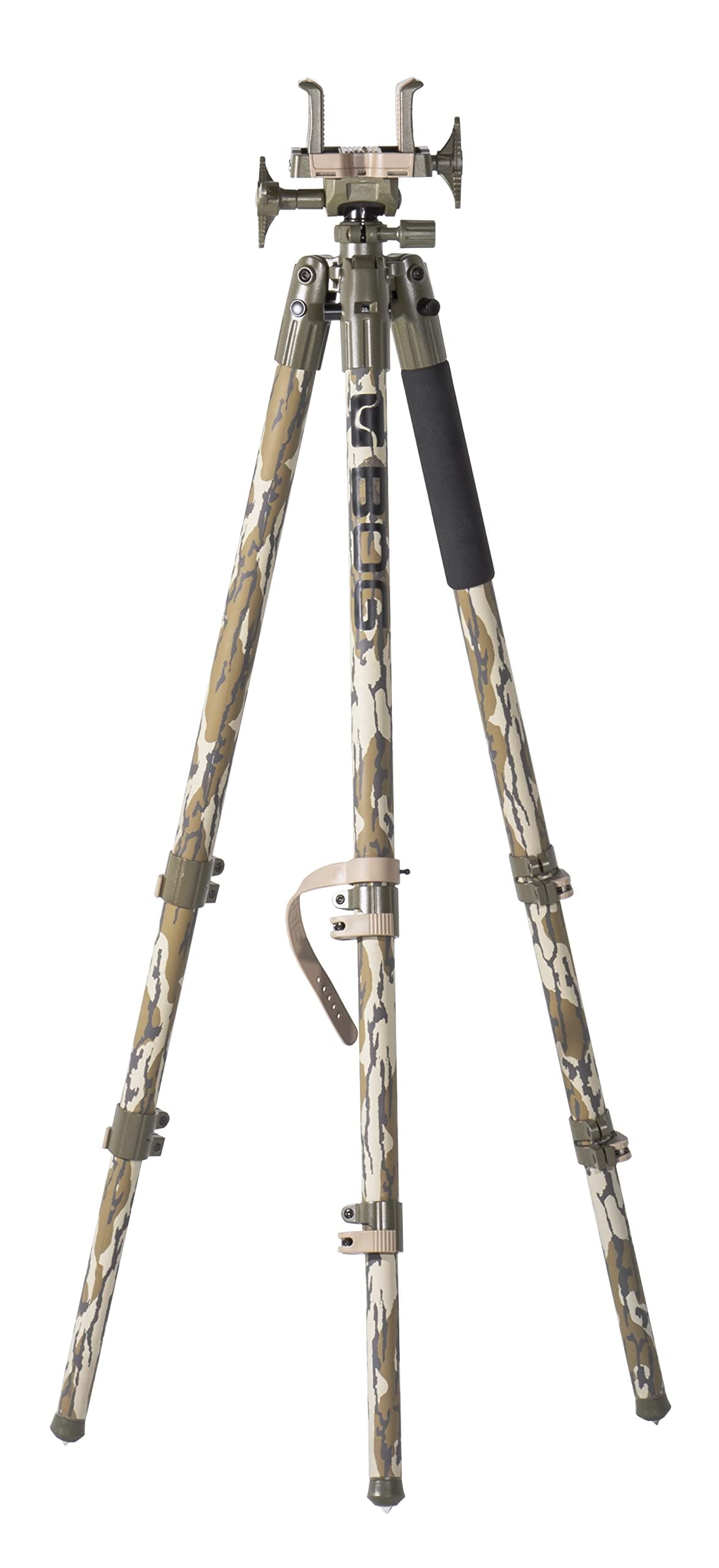 BOG DeathGrip Mossy Oak Bottomland Camo Tripod with Durable Aluminum Frame Lightweight Stable Design Bubble Level Adjustable Legs for Hunting Shooting Outdoor Hands-free Operation