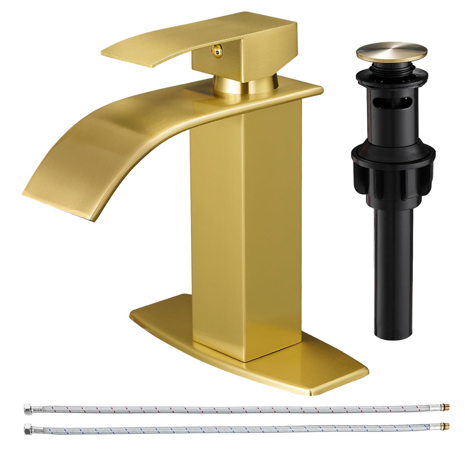 BESy Brushed Gold Waterfall Bathroom Faucets, Single Hole Single Handle Bathroom Sink Faucet, 1 Hole Rv Vanity Faucet 3 Hole Deck Plate
