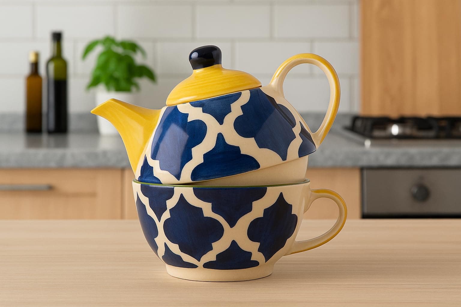 HS HINDUSTANI SAUDAGAR Blue Umrao Ceramic Tea Pot Kettle with Cup Milk hot Water Cup with Handle teapot Set of 1 Coffee chai Kettle 300ml Masala chai Green Tea Ideal serveware for Gifting.