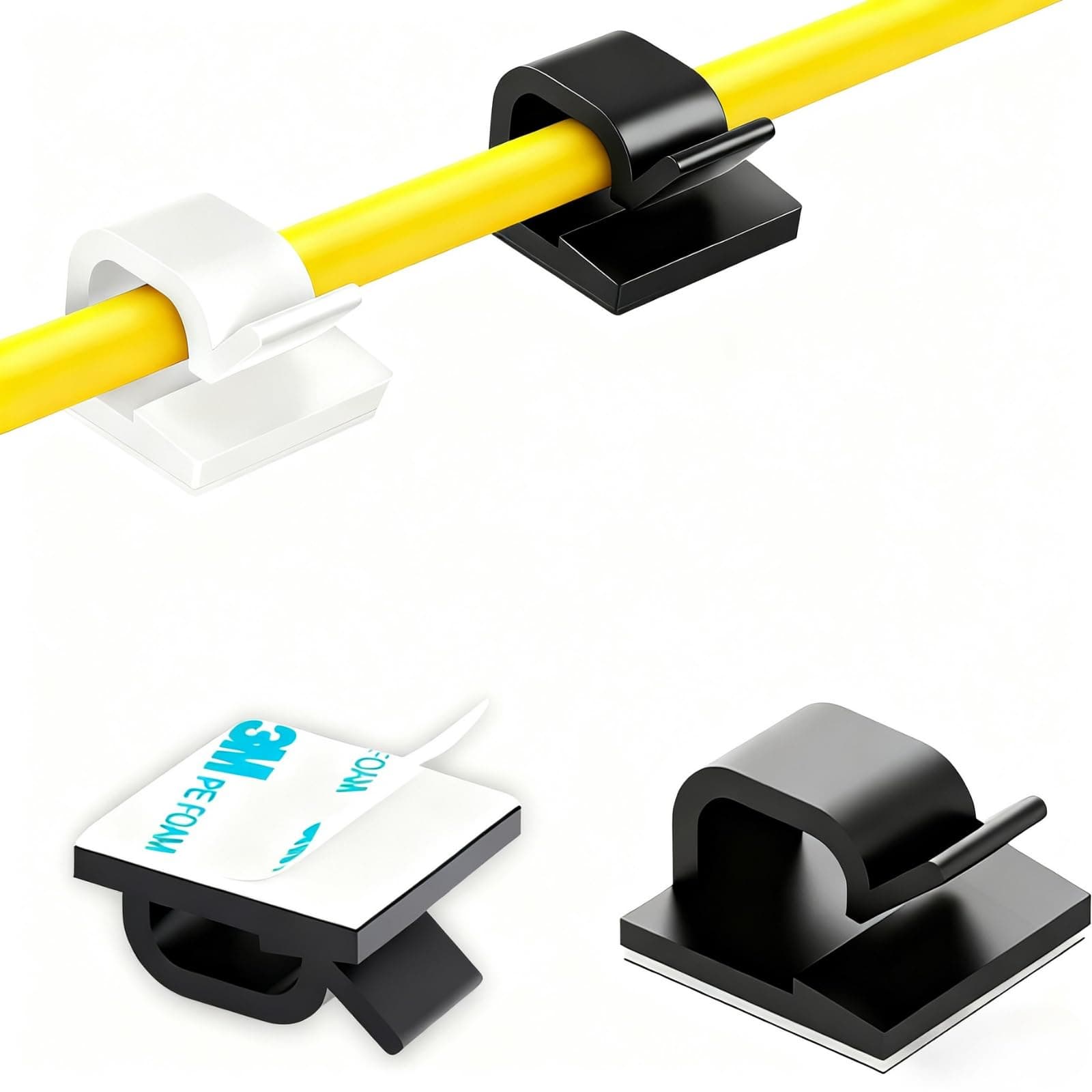 100 PCS Adhesive Cable Clips (Small, White&Black), Upgraded Wall Wire Holder Cord Organizer for Cable Management Under Desk, Light Clips Hooks for LED, Car Dash Cam, USB Cable