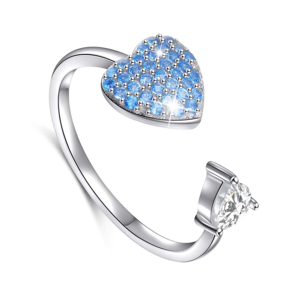 925 Sterling Silver Adjustable Wrap Open Double Heart Blue Ring Jewelry for Women (6)