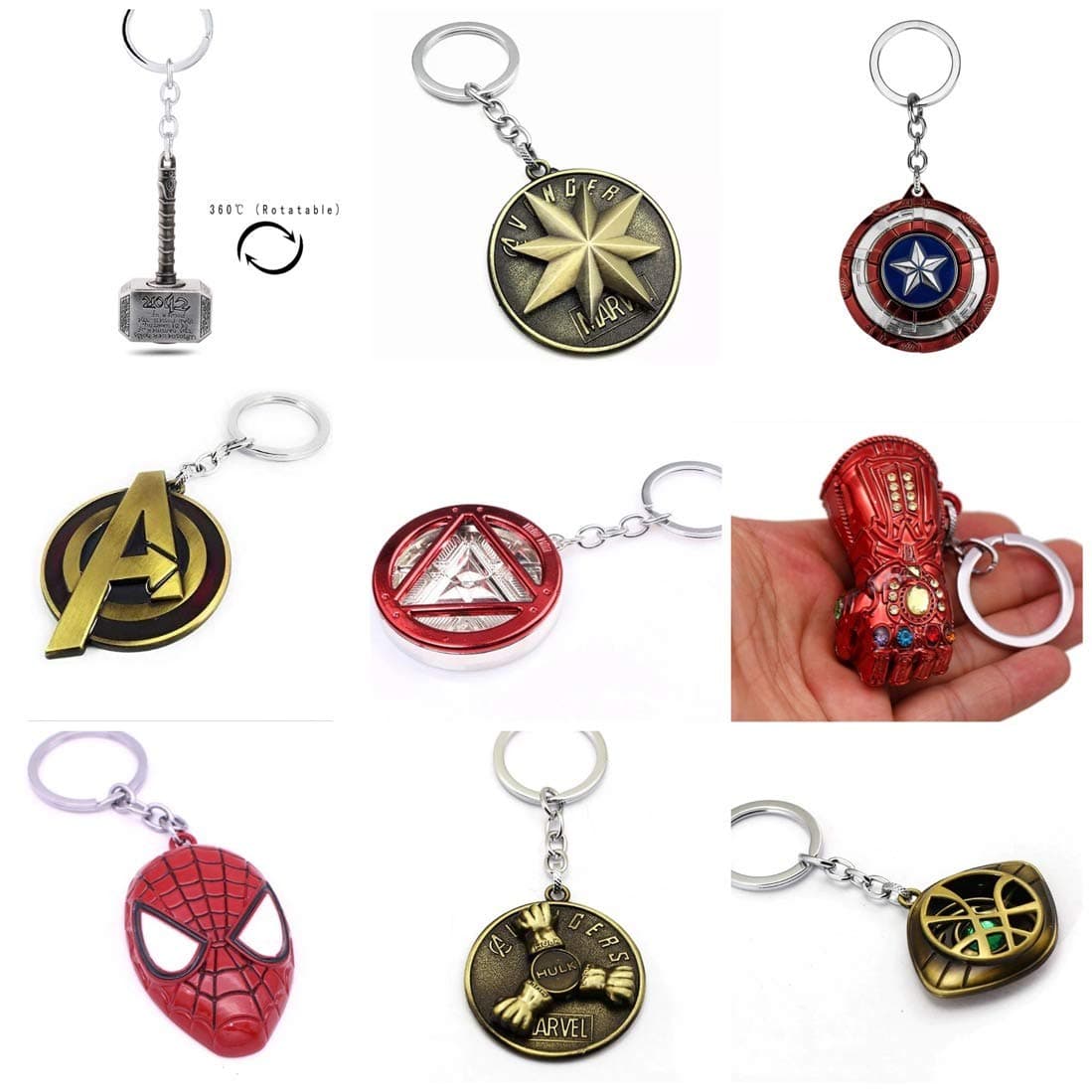 Artique Metal Alloy Marvel Merchandise Avengers Series Thor Hammer Rotational, Iron Man Arc Reactor, Gauntlet, Captain America, Hulk, Thanos, Dr Strange, Captain Marvel Multicolour Keyring - Pack of 9