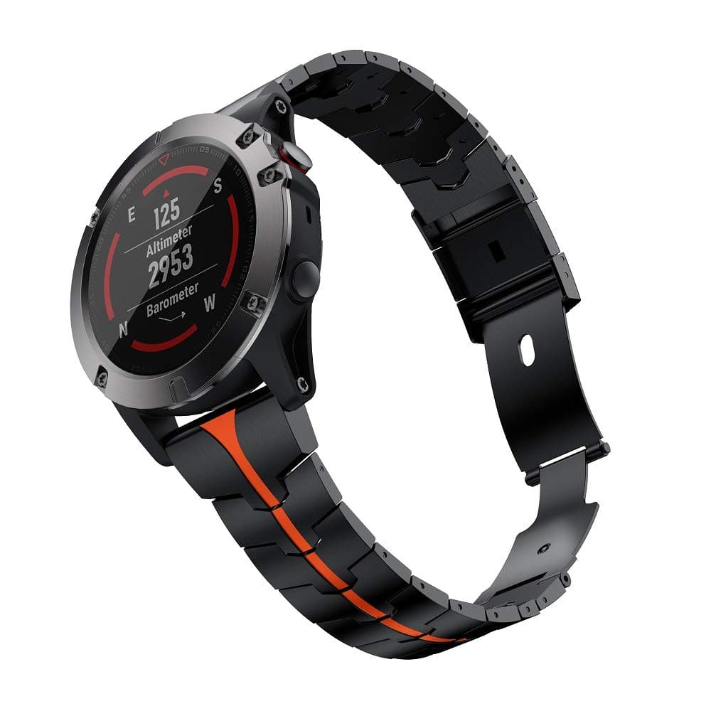 RABUZI Compatible Garmin Fenix 6X/5X Plus Band,26mm Enamel Stainless Steel Metal Quick Release Easy Fit Watch Strap for Garmin Fenix 6X/6X Pro/5X/5X Plus/3/3HR Smartwatch,Black+Orange Enamel process