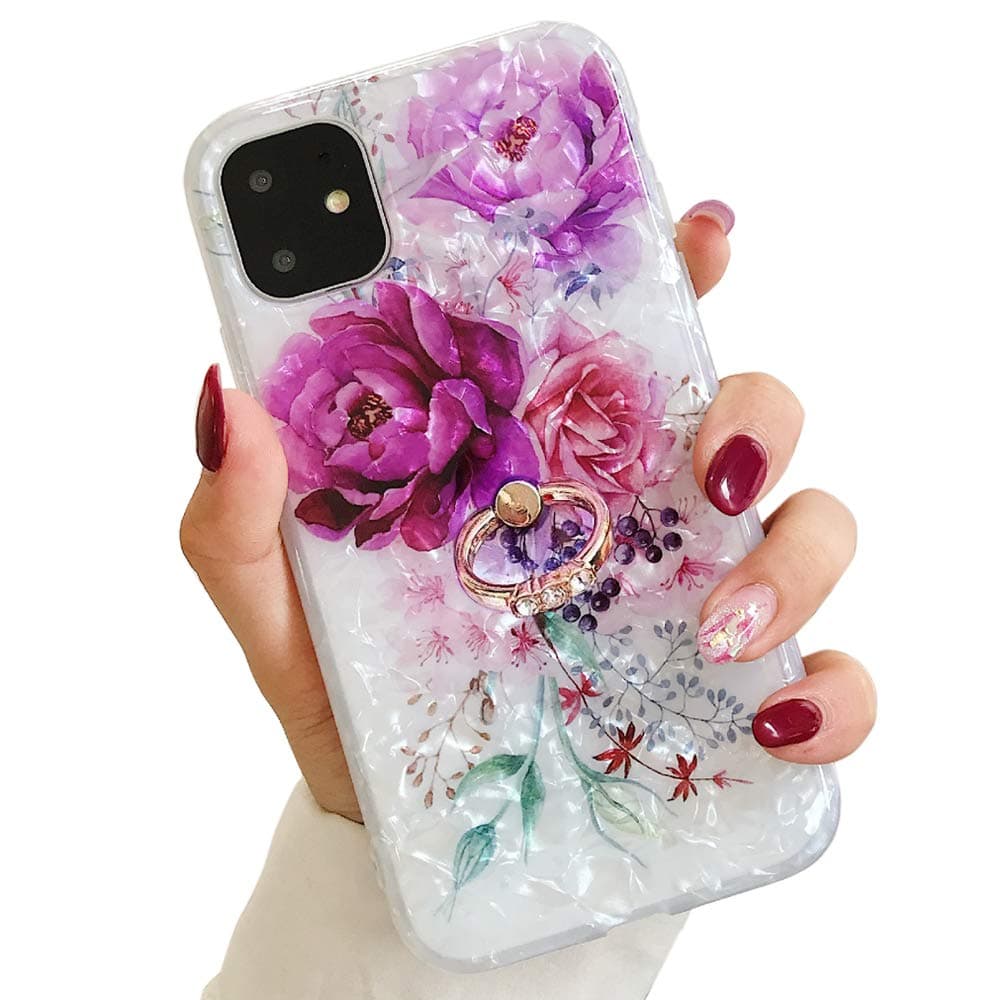 Qokey Compatible with iPhone 11 Pro Case 5.8 inch,Floral Cute Fashion Clear Design for Men Women Girls with 360 Degree Rotating Ring Kickstand Soft TPU Shockproof Cover Mauve Flower
