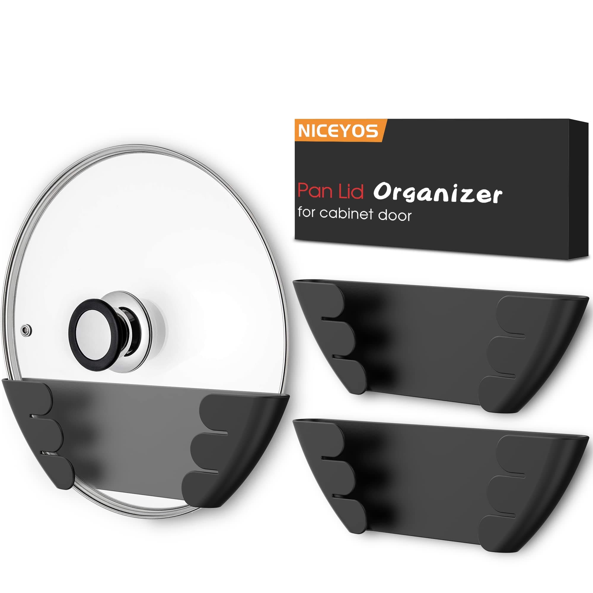 Universal Pot Lid Organizer for Cabinet - Upgraded Patented Niceyos 3 Pack Inside Cabinet Door Wall Mount Pan Top Storage Organizer Rack Holder for Kitchen, Fits 6" to 13" (Black)