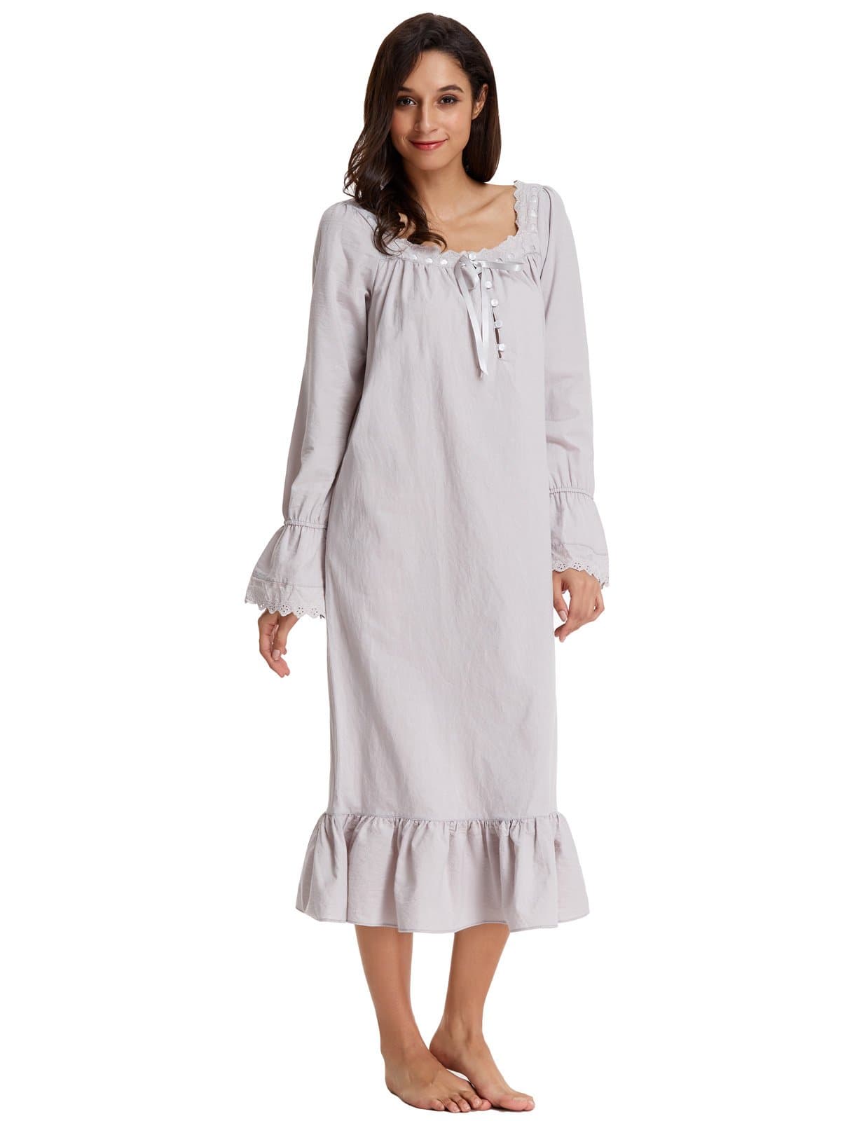 Zexxxy Princess Sleep Shirts Long Sleeve Button with Square Neckline Long Gown Gray L