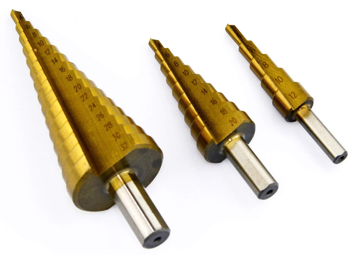 NOVOTOOLS HSS Step Cone Drill Bit Set (3 Pieces 4mm-12mm/20mm/32mm) Titanium Coated High Speed Steel and Large Hole Cutter for Wood, Stainless Steel, Sheet