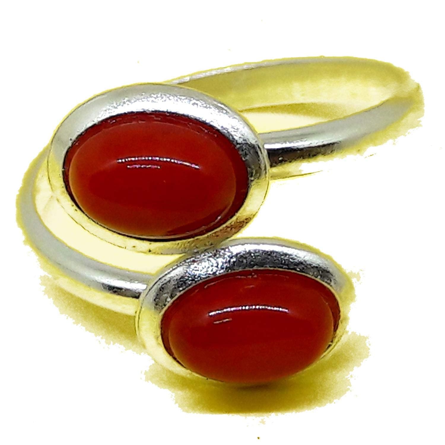Coral Ring Coral Red Cabochon Double 5 x 7 mm and Silver, Adjustable