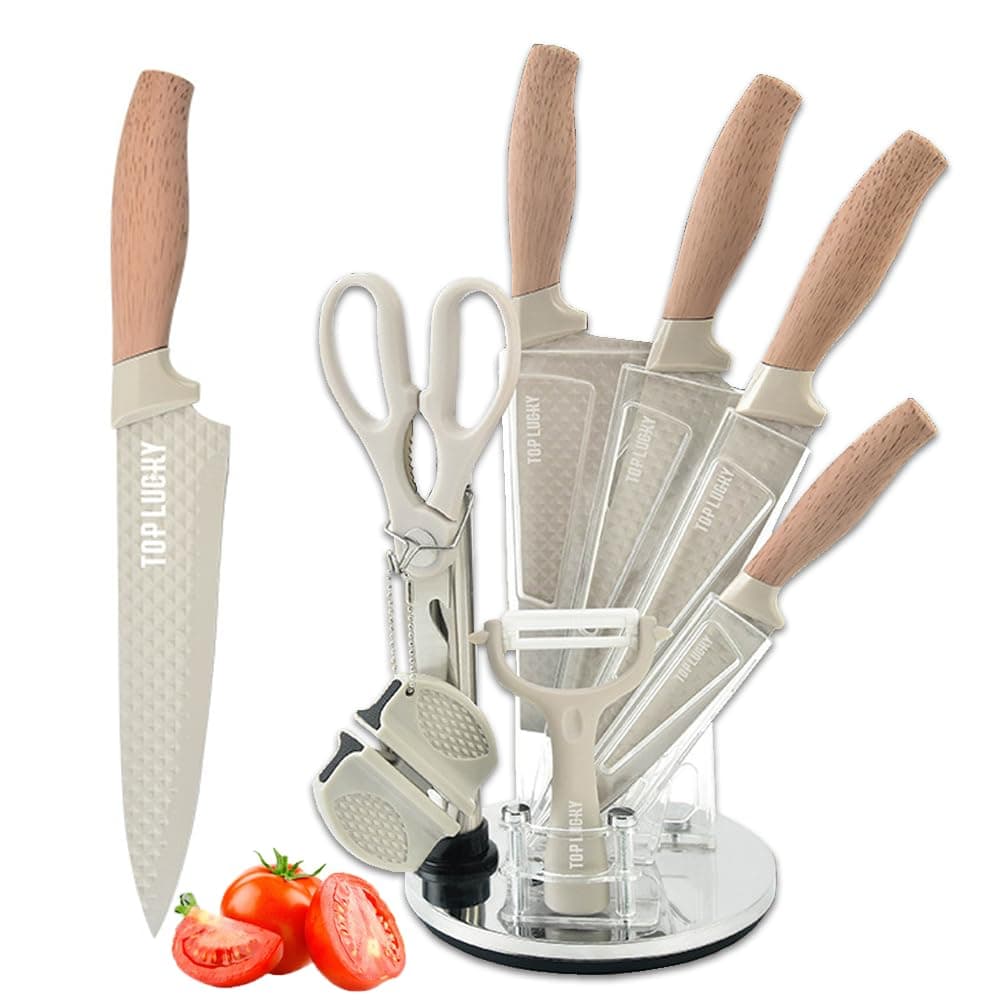 Kitchen Knife Set, Wiztoynia 8-Piece Khaki Super Sharp Knife Set with Acrylic Block for Small Kitchen, Anti-Rust Non-stick Stainless Steel Cooking Chef Knife Set with Shapener, Space Saving (Khaki)