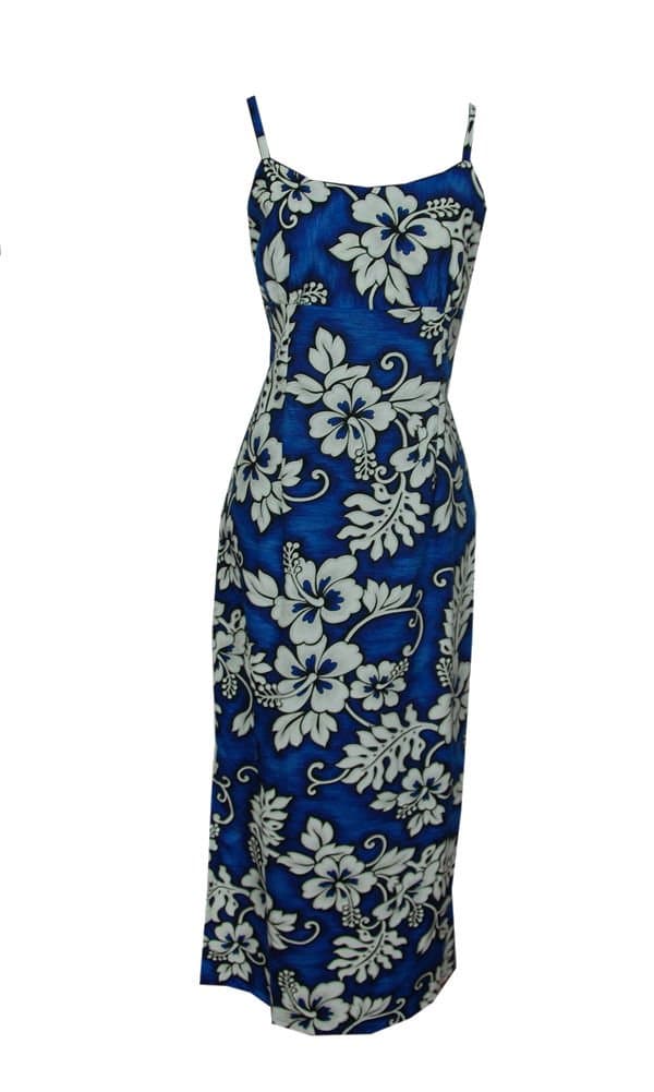 Jade Fashions Inc. Women Hawaiian Cotton Long White Hibiscus Navy Spaghetti Dress