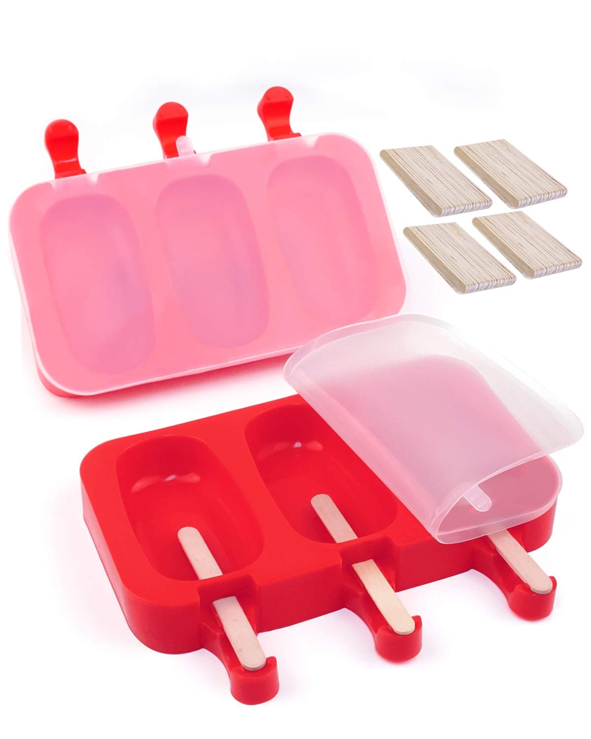 Silicone Popsicle Molds, BPA-Free Ice Pop Molds with Lids, Packs of 2x3 Cavities for Kids, Cake/Ice Cream/Popsicle Maker, Easy Release, with 80 Popsicle Sticks by MoHern (Red)