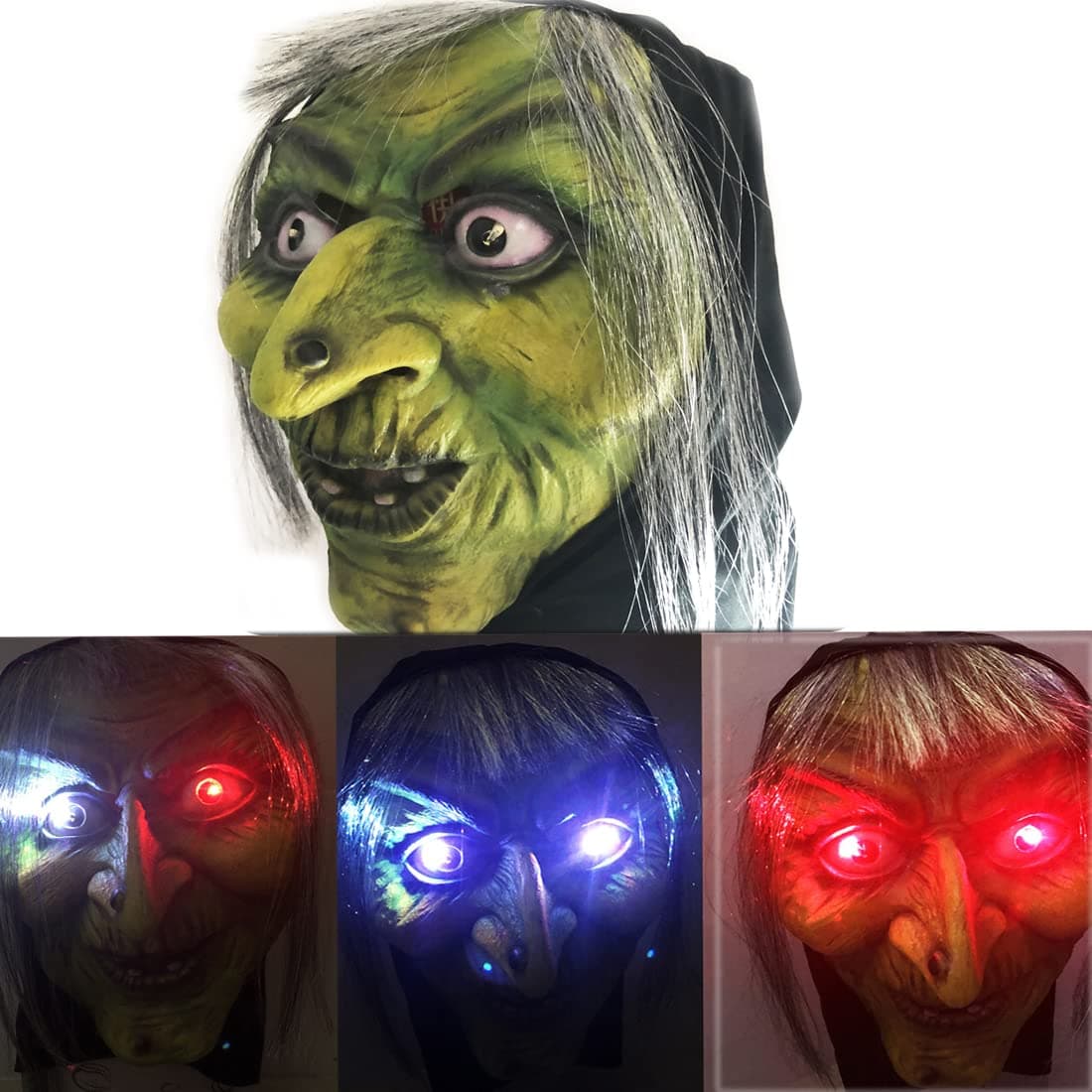 Old Witch Led Mask, Light Up Woman Mask, Scary Witch Cosplay Costume, Garden Yard Witch Role Play Costume, Horror Party Props, Halloween Latex Masks with Hair for Women Adult Dress Up