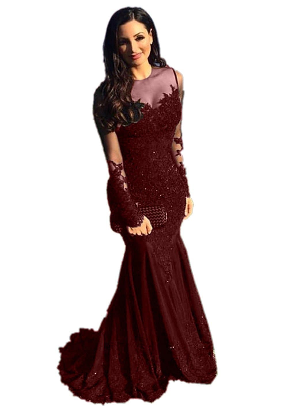 LOKEY Women's Mermaid Beaded Sheer Long Sleeve Lace Applique Long Prom Dress Evening Gowns